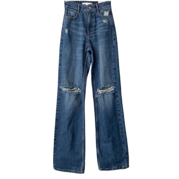 Zara Straight Leg Jeans Blue Full Length Distressed 0 - Picture 1 of 12